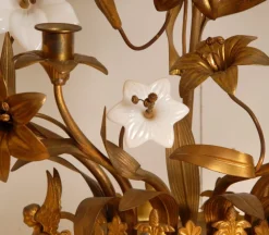 Clearance Pamono French Church Candelabra in Gold Bronze and Brass White Opaline Glass Flowers, 1890s, Set of 2