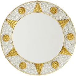 Pamono French Circular Mirror with Embossed Geometric Metal Frame, 1960s> Mirrors