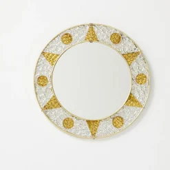 Pamono French Circular Mirror with Embossed Geometric Metal Frame, 1960s> Mirrors