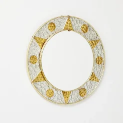 Pamono French Circular Mirror with Embossed Geometric Metal Frame, 1960s><noscript><img width=