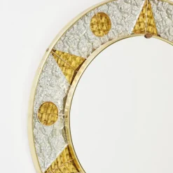 Pamono French Circular Mirror with Embossed Geometric Metal Frame, 1960s><noscript><img width=