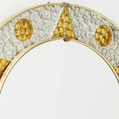 Pamono French Circular Mirror with Embossed Geometric Metal Frame, 1960s><noscript><img width=