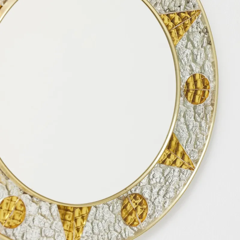 Pamono French Circular Mirror with Embossed Geometric Metal Frame, 1960s> Mirrors