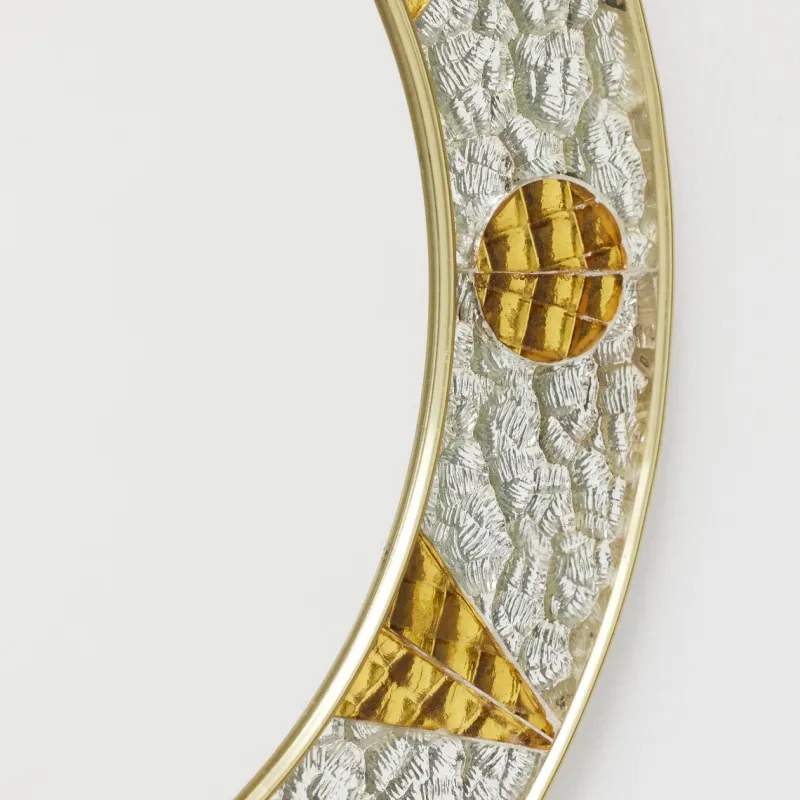 Pamono French Circular Mirror with Embossed Geometric Metal Frame, 1960s> Mirrors