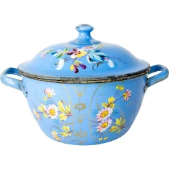 Hot Pamono French Country Blue Soup Tureen With Floral Decoration in Enameled Iron, 1900s