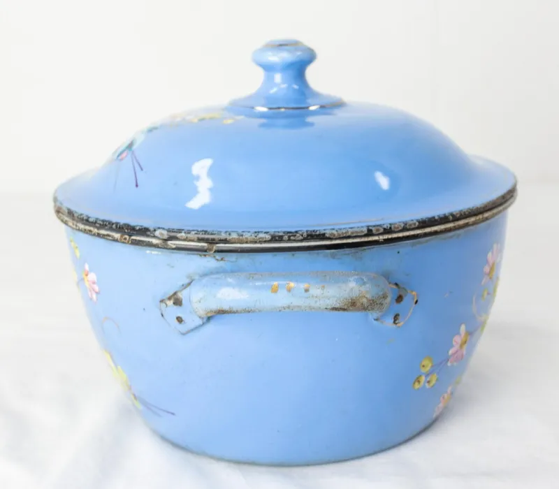 Hot Pamono French Country Blue Soup Tureen With Floral Decoration in Enameled Iron, 1900s