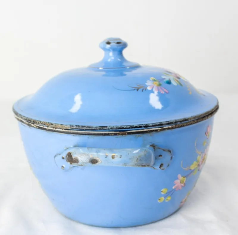 Hot Pamono French Country Blue Soup Tureen With Floral Decoration in Enameled Iron, 1900s