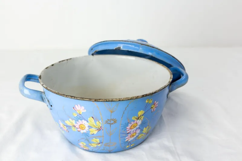 Hot Pamono French Country Blue Soup Tureen With Floral Decoration in Enameled Iron, 1900s