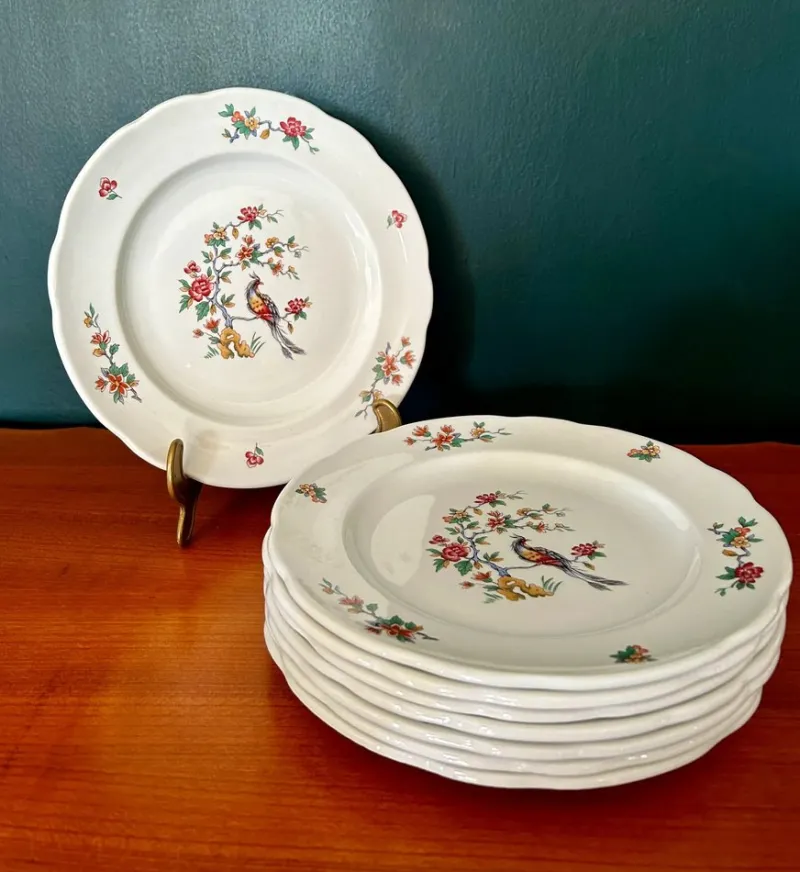 Outlet Pamono French Dinner Plates with Peacock Pattern / Iron Earth / Ironstone from Sarreguemines, 1900s, Set of 6