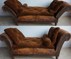 Pamono French Distressed Leather Adjustable Loveseat or Daybed, 1900s> Daybeds & Chaises Lounges
