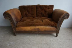Pamono French Distressed Leather Adjustable Loveseat or Daybed, 1900s><noscript><img width=