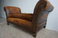Pamono French Distressed Leather Adjustable Loveseat or Daybed, 1900s><noscript><img width=
