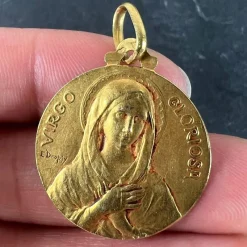 Pamono French Dropsy Virgo Gloriosa Virgin Mary Medal Pendant in18 Karat Yellow Gold, 1920s><noscript><img width=