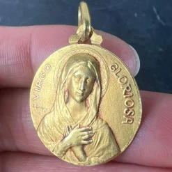 Pamono French Dropsy Virgo Gloriosa Virgin Mary Medal Pendant in18 Karat Yellow Gold, 1920s><noscript><img width=