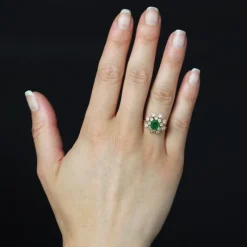 New Pamono French Emerald Diamonds 18 Karat White Gold Cocktail Ring, 1970s