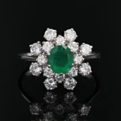New Pamono French Emerald Diamonds 18 Karat White Gold Cocktail Ring, 1970s
