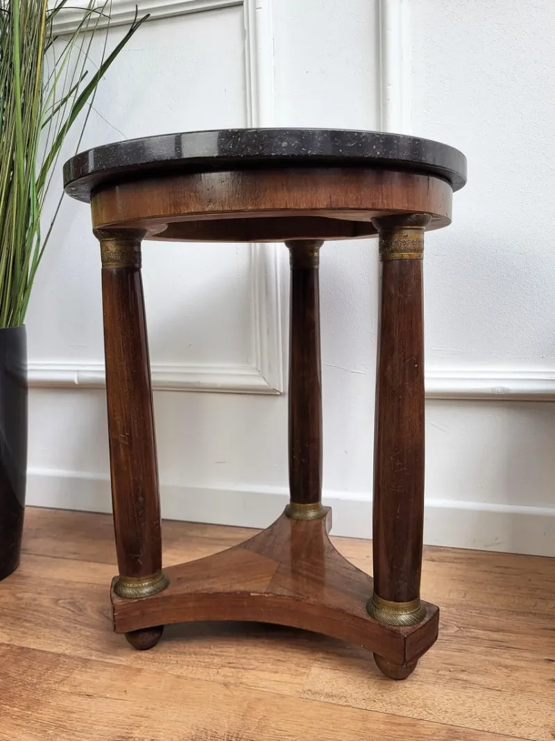 Pamono French Empire Gueridon Side Table with Tripod Columns Brass and Marble Top, 1890s> Coffee & Side Tables