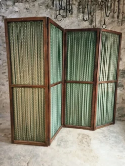 Pamono French Folding Screen with Green Polka-Dot Fabric, 1920s> Room Dividers & Screens