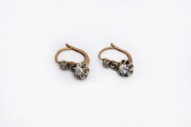 New Pamono French Gold Earrings with Old-Cut Diamonds, 1930s, Set of 2