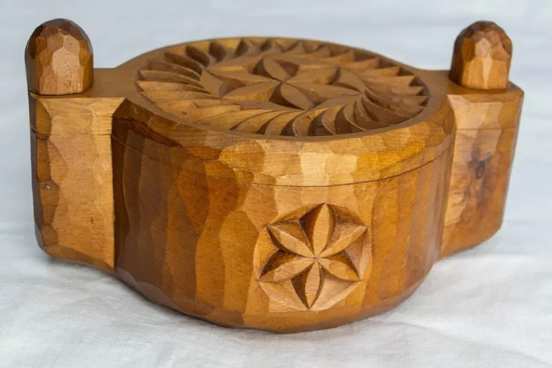 Pamono French Hand-Carved Salt Box in Cembro Pine, 1950> Salt & Pepper Shakers