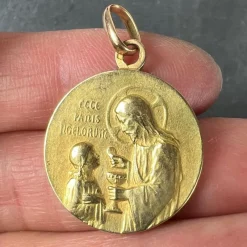 Pamono French Holy Communion 18k Yellow Gold Medal Pendant, 1890s><noscript><img width=