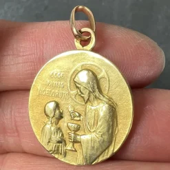 Pamono French Holy Communion 18k Yellow Gold Medal Pendant, 1890s><noscript><img width=