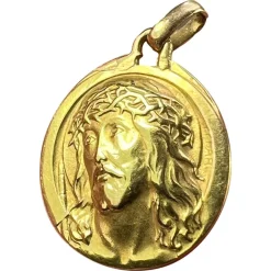 Pamono French 18k Yellow Gold Jesus Christ Crown of Thorns Medal Charm Pendant by Charl, 1950s> Necklaces