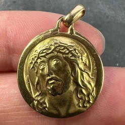 Pamono French 18k Yellow Gold Jesus Christ Crown of Thorns Medal Charm Pendant by Charl, 1950s><noscript><img width=