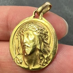 Pamono French 18k Yellow Gold Jesus Christ Crown of Thorns Medal Charm Pendant by Charl, 1950s><noscript><img width=