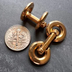 Pamono French 18k Yellow Gold Mecan Elde Hexagonal Circle Cufflinks, 1940s, Set of 2><noscript><img width=