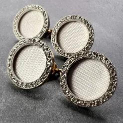Pamono French 18k Yellow Gold Platinum Diamond and Enamel Cufflinks, 1920s, Set of 2> Cufflinks