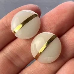 Pamono French 18k Yellow Gold White Agate Stripe Cufflinks, 1930s, Set of 2><noscript><img width=