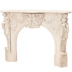 Pamono French Louis XV Style White Marble Fireplace with Cupids, 1800s><noscript><img width=