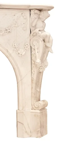 Pamono French Louis XV Style White Marble Fireplace with Cupids, 1800s><noscript><img width=