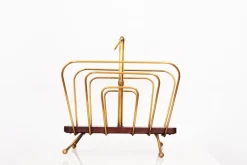 Pamono French Magazine Rack in Brass and Wood attributed to Jacques Adnet, 20th Century><noscript><img width=