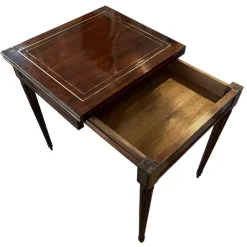 Pamono French Mahogany Card Table with Crimson Baize Game Surface and Brass Inlay, Mid-19th Century><noscript><img width=