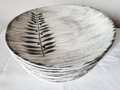 Pamono French Matt Glazed Ceramic Dinner Plate with Black Olive Leaf from Salins Toledo, 1960s, Set of 17><noscript><img width=