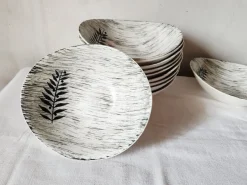Pamono French Matt Glazed Ceramic Dessert Bowls with Black Olive Leaf from Salins Toledo, 1960s, Set of 11><noscript><img width=