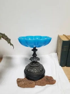 Pamono French Napoleon III Blue Opaline Glass Compotiere Table Centerpiece, 1890s> Bowls