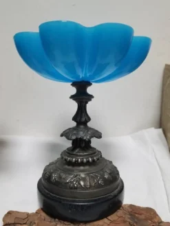 Pamono French Napoleon III Blue Opaline Glass Compotiere Table Centerpiece, 1890s><noscript><img width=