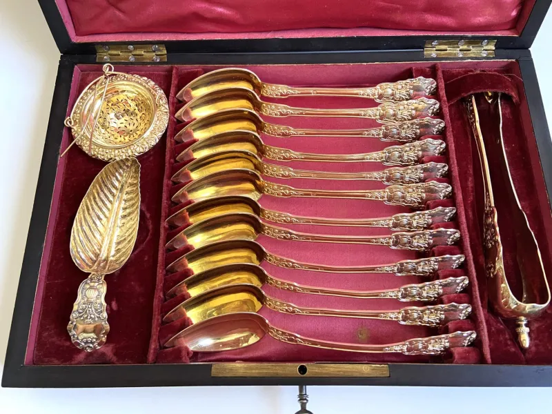 Clearance Pamono French Napoleon III Tea Set in Silver and Gold Vermeil, Set of 15