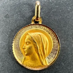 New Pamono French Perroud Virgin Mary 18k Yellow Gold Medal Pendant from Dropsy, 1930s