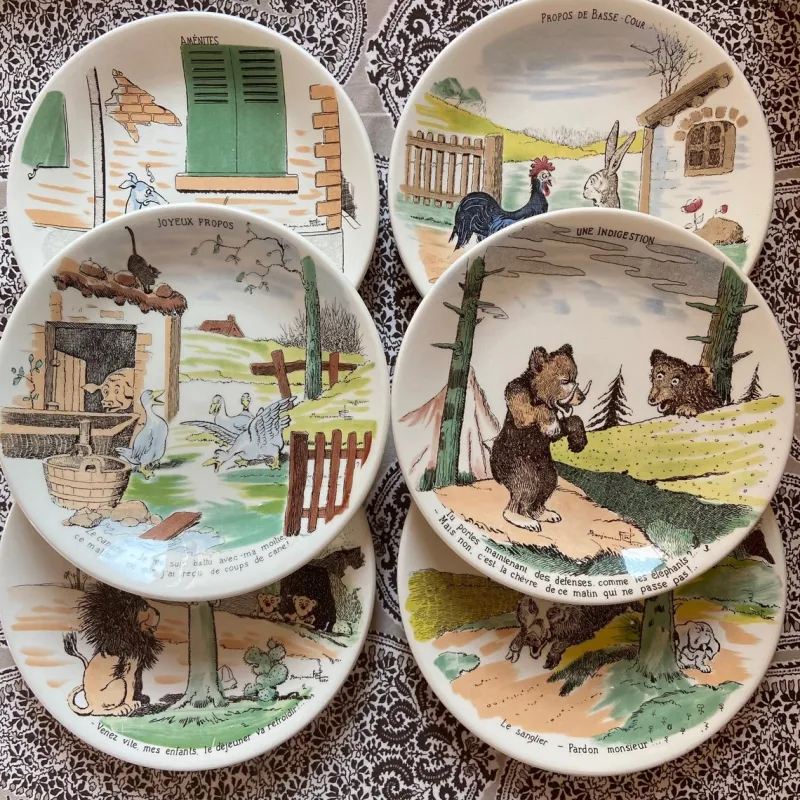 Pamono French Plates by Benjamin Rabier for Sarreguemines, 1930s, Set of 6> Dinner Plates & Bowls