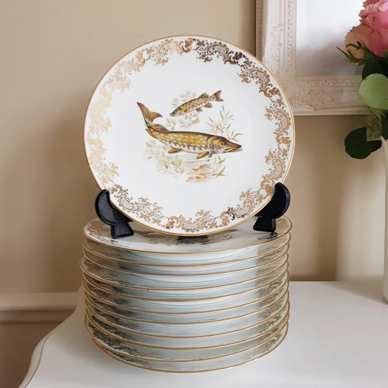 New Pamono French Porcelain Fish Plates from Limoges, Set of 13