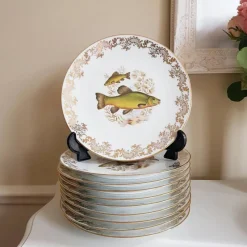 New Pamono French Porcelain Fish Plates from Limoges, Set of 13