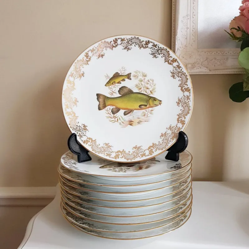 New Pamono French Porcelain Fish Plates from Limoges, Set of 13