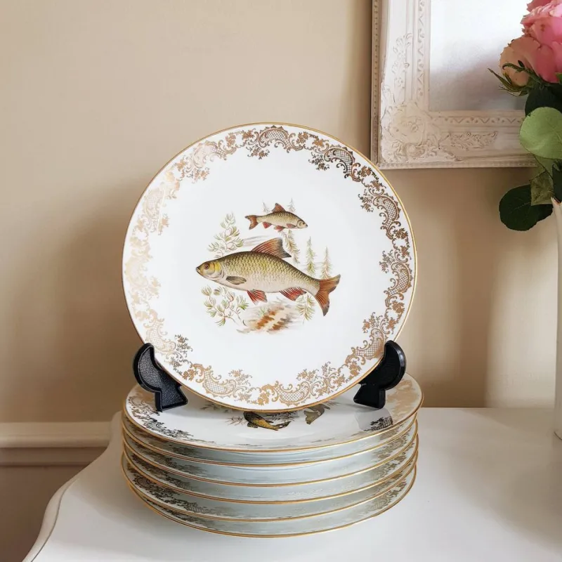 New Pamono French Porcelain Fish Plates from Limoges, Set of 13