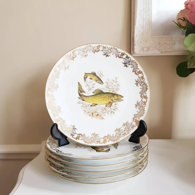 New Pamono French Porcelain Fish Plates from Limoges, Set of 13