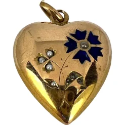 New Pamono French Puffy Love Heart Flowers 18k Yellow Gold Enamel Pearl Pendant, 1890s