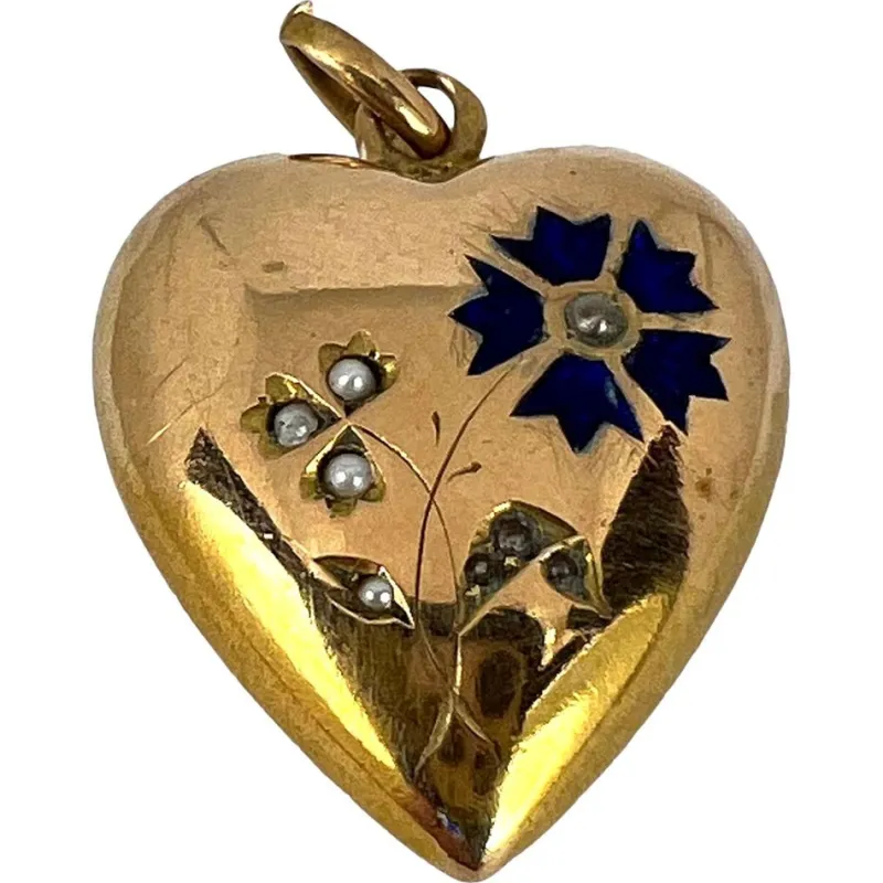 New Pamono French Puffy Love Heart Flowers 18k Yellow Gold Enamel Pearl Pendant, 1890s